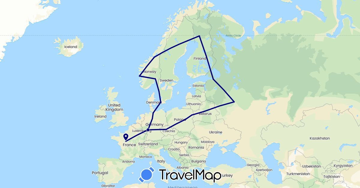 TravelMap itinerary: driving in Belarus, Czech Republic, Germany, Denmark, Finland, France, Norway, Poland, Russia, Sweden (Europe)