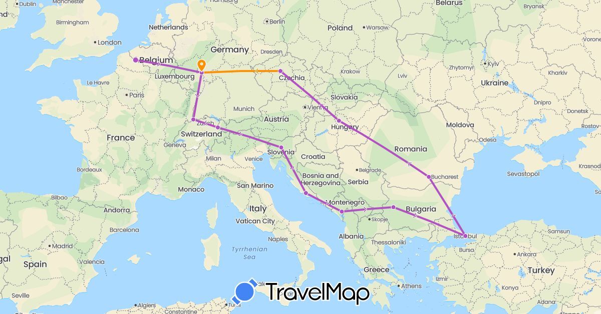 TravelMap itinerary: train, hitchhiking in Bulgaria, Switzerland, Czech Republic, Germany, France, Croatia, Hungary, Liechtenstein, Montenegro, Romania, Slovenia, Turkey (Asia, Europe)